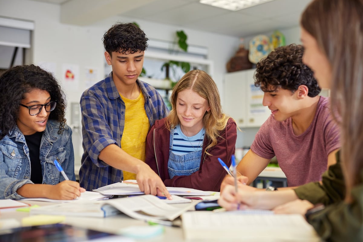 A diverse group of students collaborating and studying together