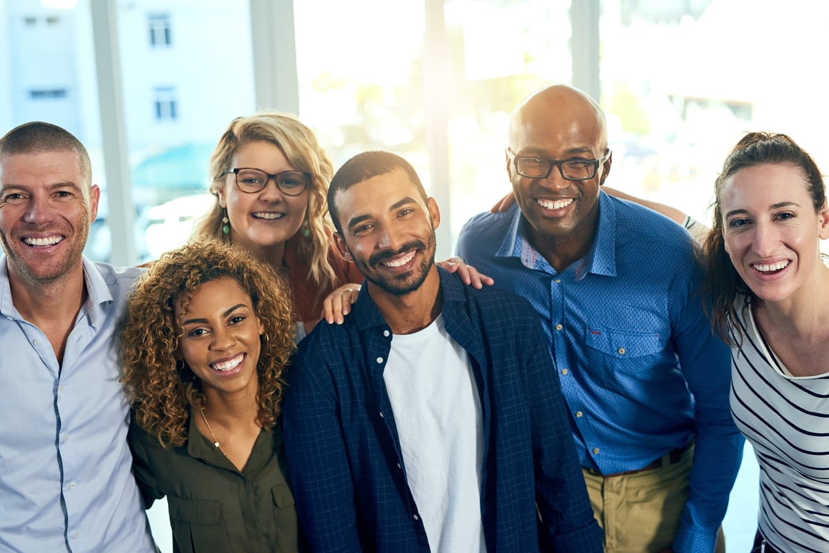A cheerful group of friends connecting together
