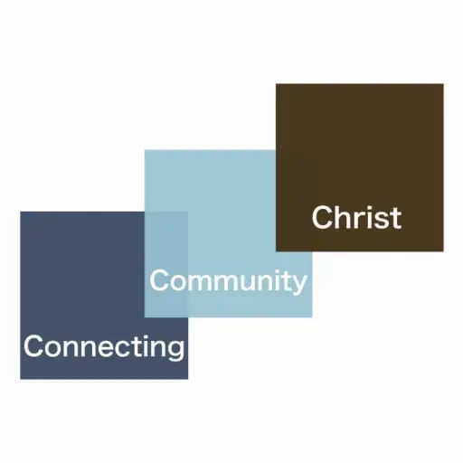 Three overlapping colored squares with text reading Connecting, Community, and Christ